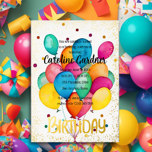 Invitation En Aluminium Balloons Colorés d'Anniversaire à l'Aquarelle