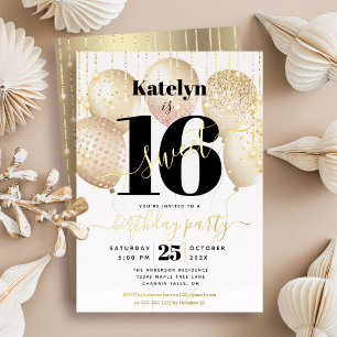 Invitation En Aluminium Balloons de script d'anniversaire Sweet 16 blanc o