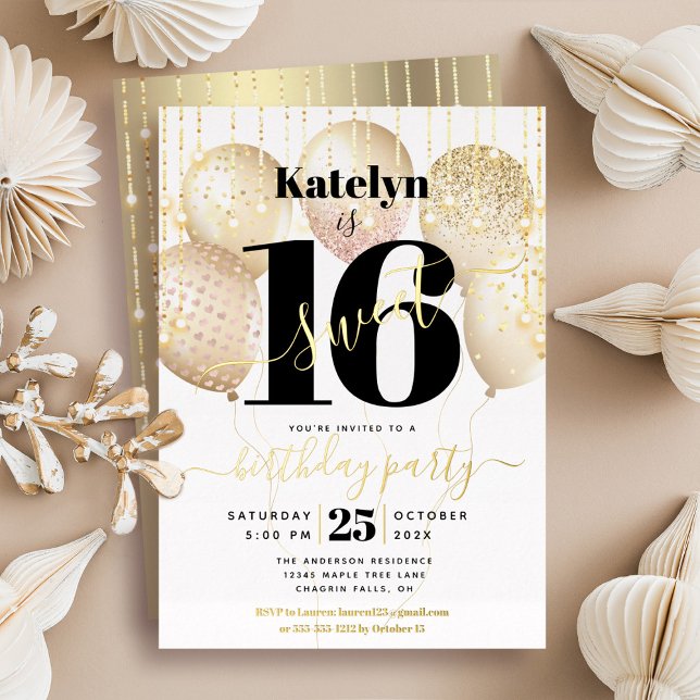 Invitation En Aluminium Balloons de script d'anniversaire Sweet 16 blanc o (Créateur téléchargé)