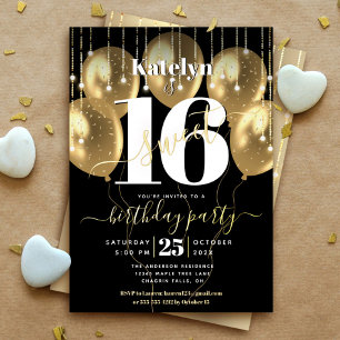 Invitation En Aluminium Balloons en script pour 16 ans avec or véritable n