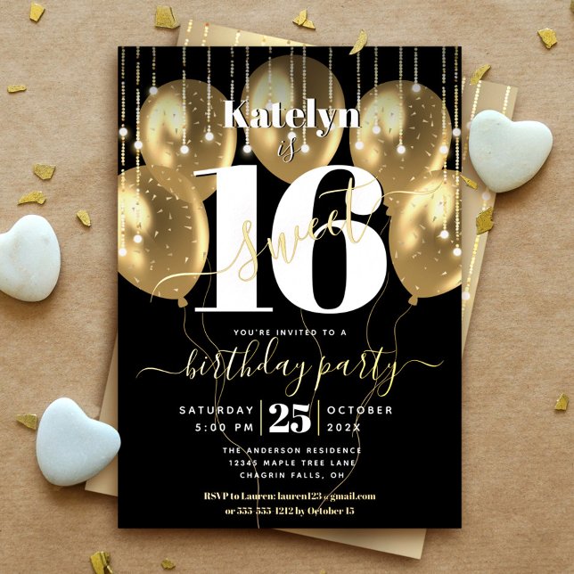 Invitation En Aluminium Balloons en script pour 16 ans avec or véritable n (Créateur téléchargé)