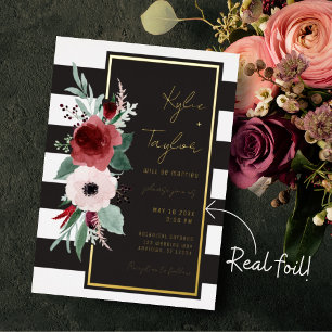 Invitation En Aluminium Bande noire et blanche Magenta Floral Mariage or