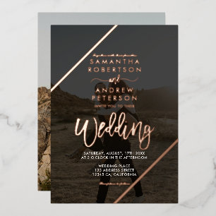 Invitation En Aluminium Bandes de script en or rose chic mariage 2 photos