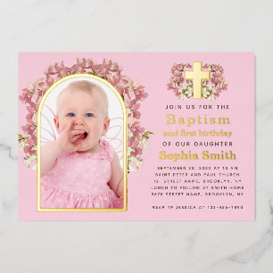 Invitation En Aluminium Baptême 1er Anniversaire Fille Rose Photo Arche Or