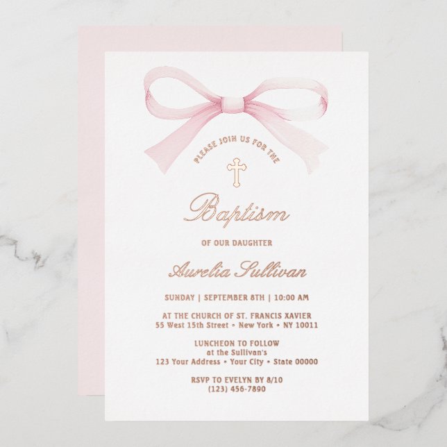 Invitation En Aluminium Baptême à l'arc rose aquarelle (Recto/Verso)
