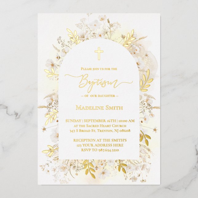 Invitation En Aluminium Baptême aquarelle fleurs blanches jaunes (Recto)