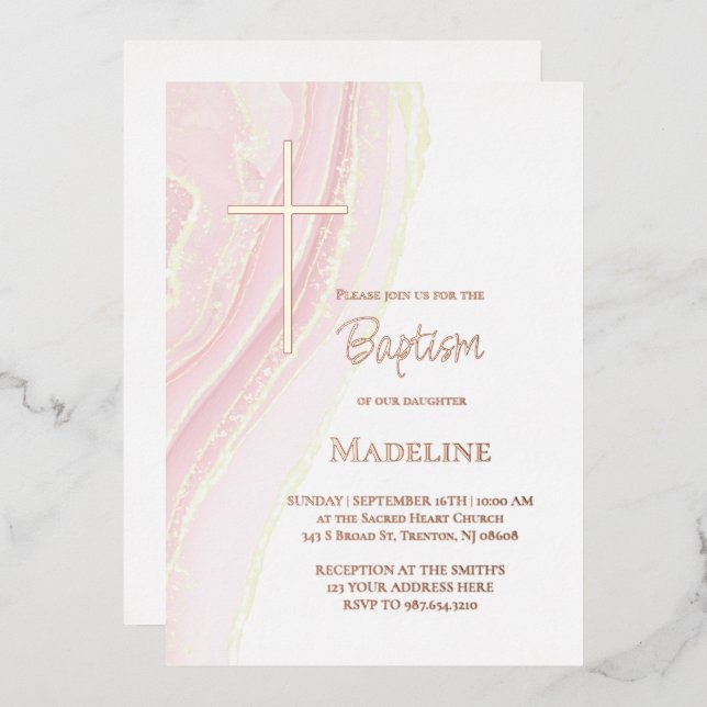 Invitation En Aluminium baptême aquarelle rose pastel (Recto/Verso)