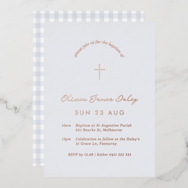 Invitation En Aluminium Baptême Baptême Bleu En vichy Fhuile Christening I (Recto/Verso)