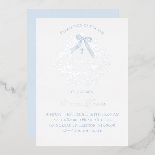 Invitation En Aluminium baptême bébé garçon couronne argentée (Recto/Verso)