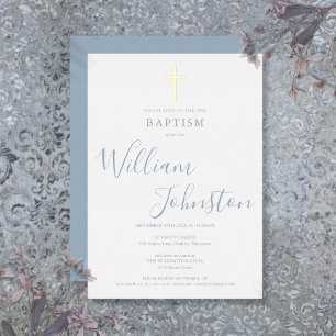 Invitation En Aluminium Baptême Bleu Dusty Christening Elegant Gold Cross