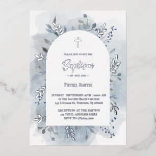 Invitation En Aluminium Baptême bleu poussiéreux aquarelle argent