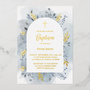 Invitation En Aluminium Baptême bleu poussiéreux aquarelle argent