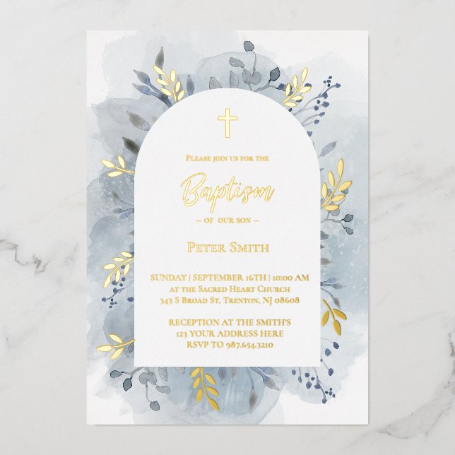 Invitation En Aluminium Baptême bleu poussiéreux aquarelle argent (Recto)