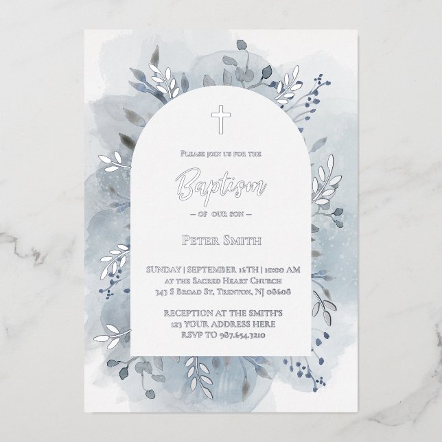 Invitation En Aluminium Baptême bleu poussiéreux aquarelle argent (Recto)