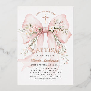 Invitation En Aluminium Baptême chrétien élégant d'une fille Rose Floral B
