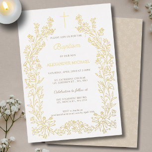 Invitation En Aluminium Baptême Chrétien Floral Vintage Moderne