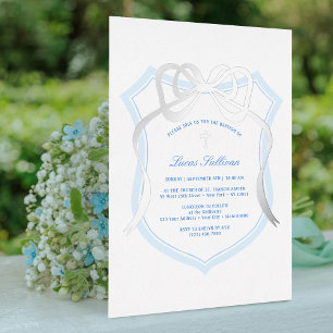 Invitation En Aluminium Baptême Crête Bleu Clair Silver Bow