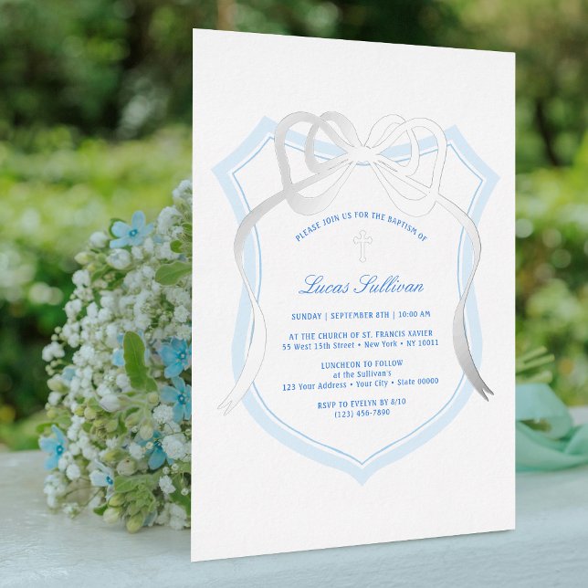 Invitation En Aluminium Baptême Crête Bleu Clair Silver Bow (Créateur téléchargé)