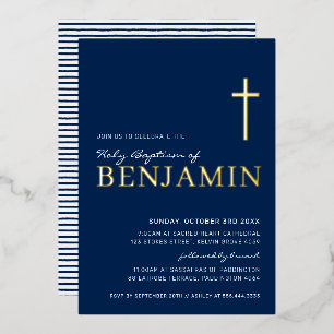 Invitation En Aluminium BAPTÊME croix élégante moderne bleu marine or