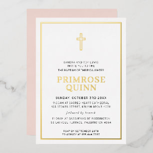 Invitation En Aluminium BAPTÊME croix élégante moderne rose poudré or