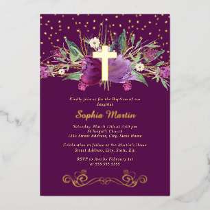 Invitation En Aluminium Baptême Croix Fleurie Améthyste Violette Or