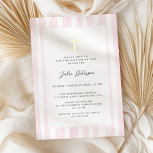 Invitation En Aluminium Baptême Croix Or Aquarelle Rose Bébé