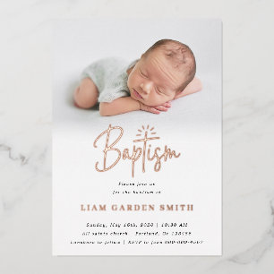Invitation En Aluminium Baptême Croix Subtile Une Photo Rose Gold