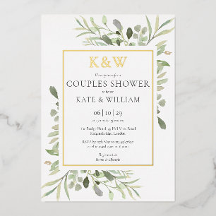 Invitation En Aluminium Baptême de couple Elegant Monogram Greenery Or