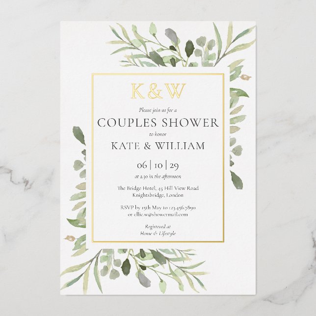 Invitation En Aluminium Baptême de couple Elegant Monogram Greenery Or (Recto)