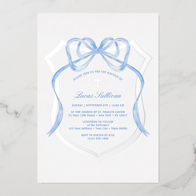 Invitation En Aluminium Baptême de crête d'argent bleu clair (Recto)