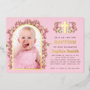 Invitation En Aluminium Baptême de fille Arche florale rose Photo Orchidée