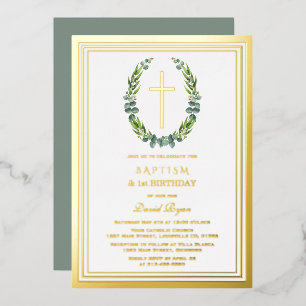 Invitation En Aluminium Baptême de garçon au eucalyptus doré moderne pour 