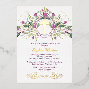 Invitation En Aluminium Baptême de la croix florale brillante