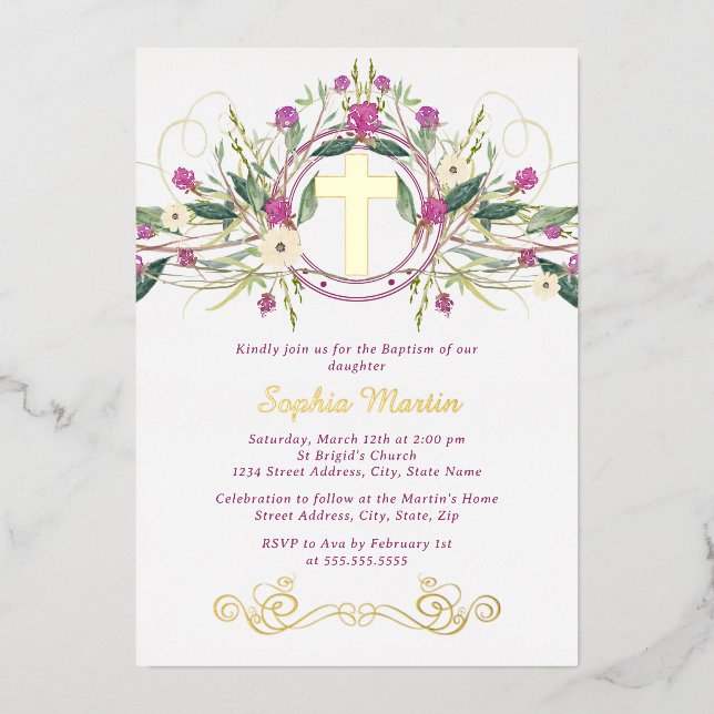 Invitation En Aluminium Baptême de la croix florale brillante (Recto)