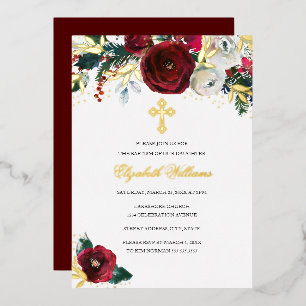 Invitation En Aluminium Baptême de Noël Fleur dorée rouge Baptême de fille