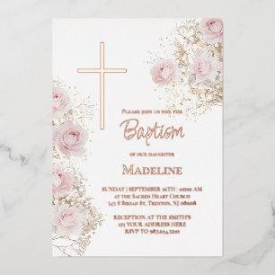 Invitation En Aluminium baptême du souffle de bébé et roses roses