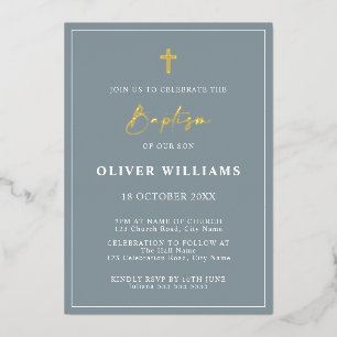 Invitation En Aluminium Baptême Dusty Blue & Gold Boy