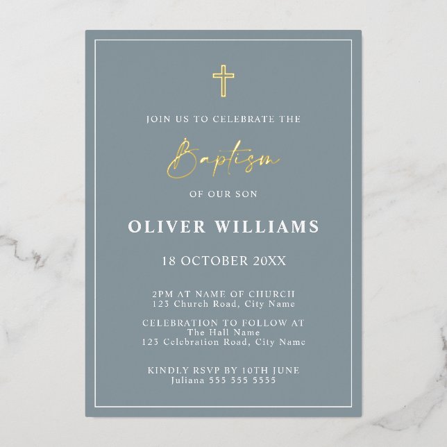 Invitation En Aluminium Baptême Dusty Blue & Gold Boy (Recto)