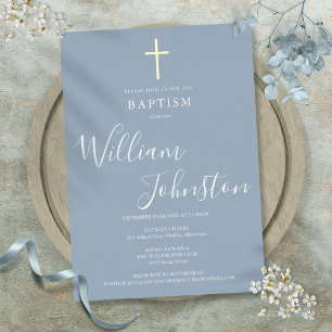 Invitation En Aluminium Baptême élégant bleu poussiéreux Croix dorée