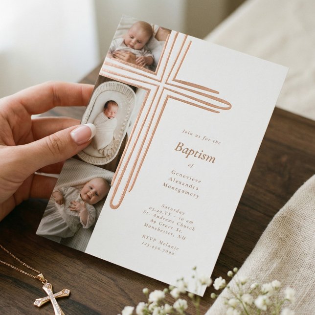 Invitation En Aluminium Baptême élégant Christening Croix religieuse Photo (Elegant Baptism Christening Religious Cross Photo Foil Invitation)