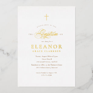 Invitation En Aluminium Baptême élégant croix dorée calligraphie Or