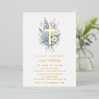 Invitation En Aluminium Baptême élégant d'hydrangea bleue à feuille d'or