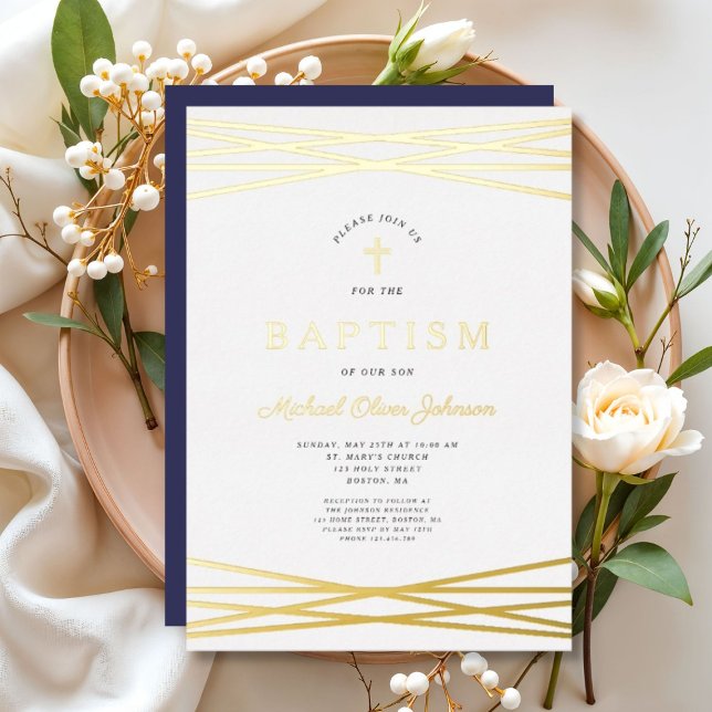 Invitation En Aluminium Baptême élégant garçon bleu marine or script (Elegant Navy Blue Gold Script Boy Baptism Foil Invitation)