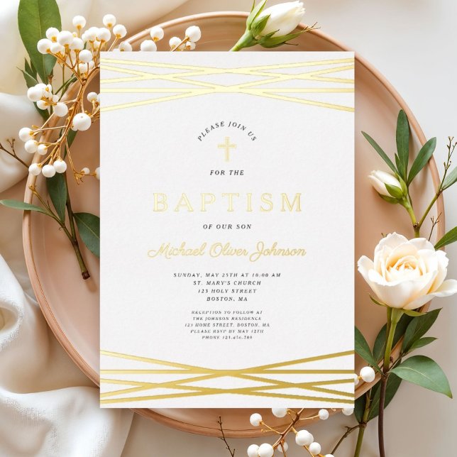 Invitation En Aluminium Baptême élégant moderne en écriture dorée (Elegant Modern Gold Script Baptism Foil Invitation)