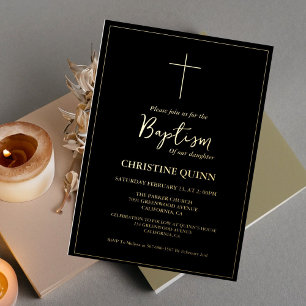 Invitation En Aluminium Baptême élégant noir et or