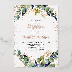 Invitation En Aluminium Baptême eucalyptus verdure paillettes dorées