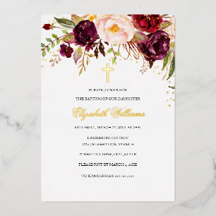 Invitation En Aluminium Baptême Fille Croix Florale Or Bourgogne Rouge