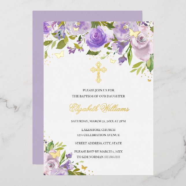 Invitation En Aluminium Baptême Fille Fleur Papillon Violet Or (Recto/Verso)