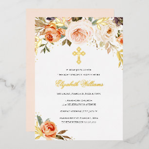Invitation En Aluminium Baptême Fille Floral Aquarelle Or Abricot 
