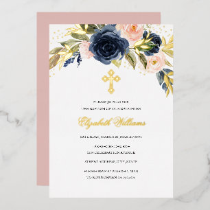 Invitation En Aluminium Baptême Fille Floral Navy Blush Or